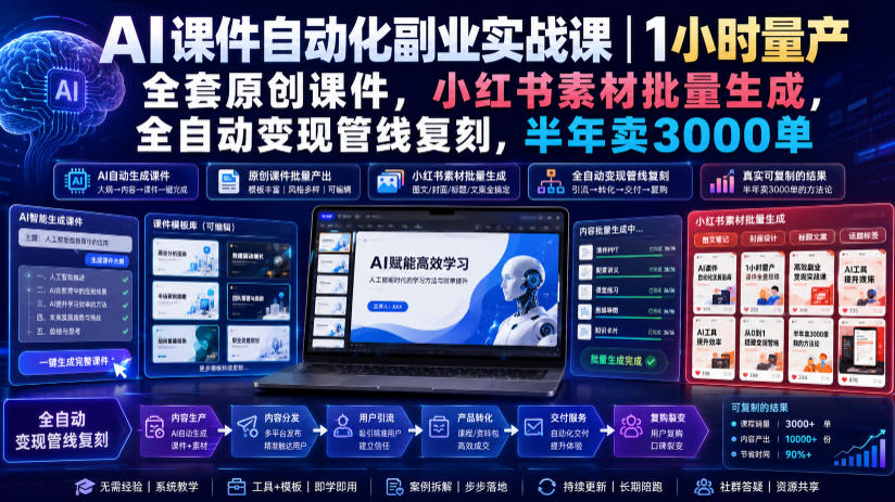 AI课件自动化副业实战课｜1小时量产全套原创课件，小红书素材批量生成，全自动变现管线复刻，半年卖3000单-御文网