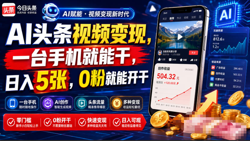 AI头条视频变现，一台手机就能干，日入5张，0粉就能开干-御文网