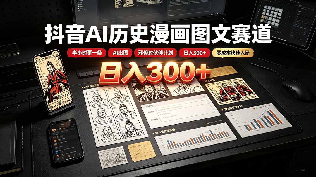 抖音AI历史漫画图文赛道:半小时更一条×AI出图×邪修过伙伴计划×日入300+,零成本快速入局-御文网