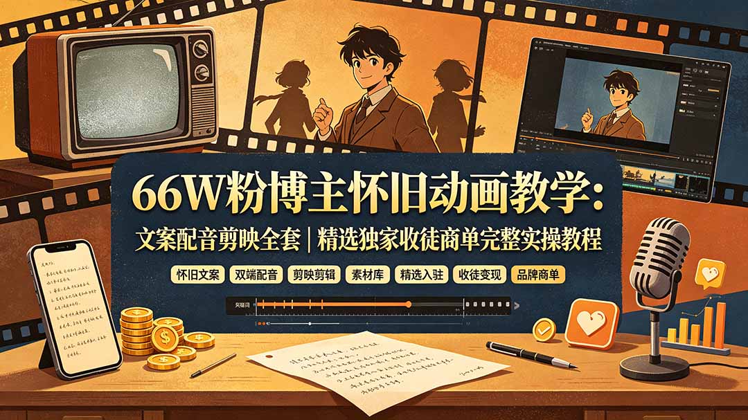 66W粉博主怀旧动画教学：文案配音剪映全套｜精选独家收徒商单完整实操教程-御文网