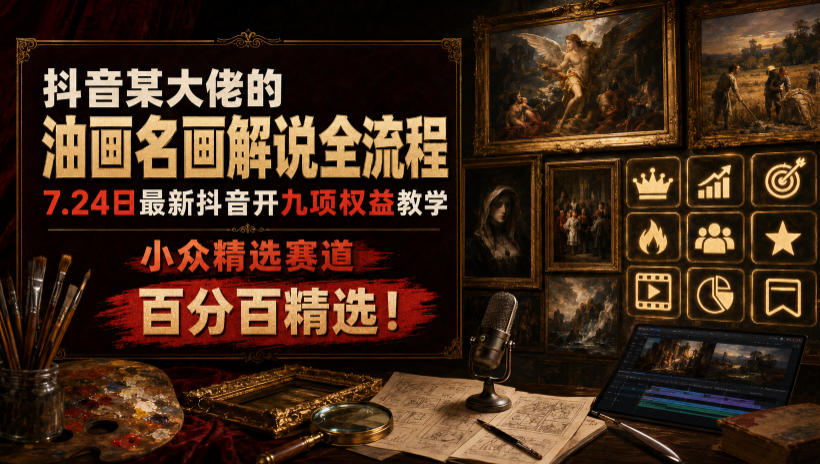 抖音某大佬的油画名画解说全流程,7.24日最新抖音开九项权益教学,小众精选赛道,百分百精选!-御文网