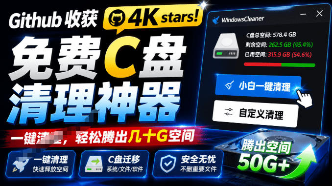 Github收获4K stars!免费C盘清理神器,轻松腾出几十G空间,支持C盘迁移Windows Cleaner-御文网