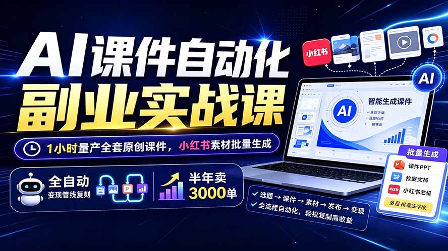 AI课件自动化副业实战课：1小时量产全套原创课件×小红书素材批量生成×全自动变现管线×半年卖3000单-御文网