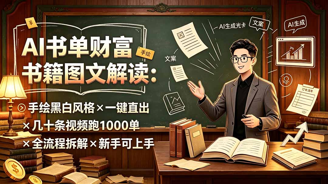 AI书单财富书籍图文解读:手绘黑白风格×一键直出×几十条视频跑1000单×全流程拆解×新手可上手-御文网
