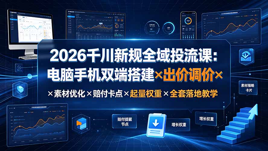 2026千川新规全域投流课:电脑手机双端搭建×出价调价×素材优化×赔付卡点×起量权重×全套落地教学-御文网