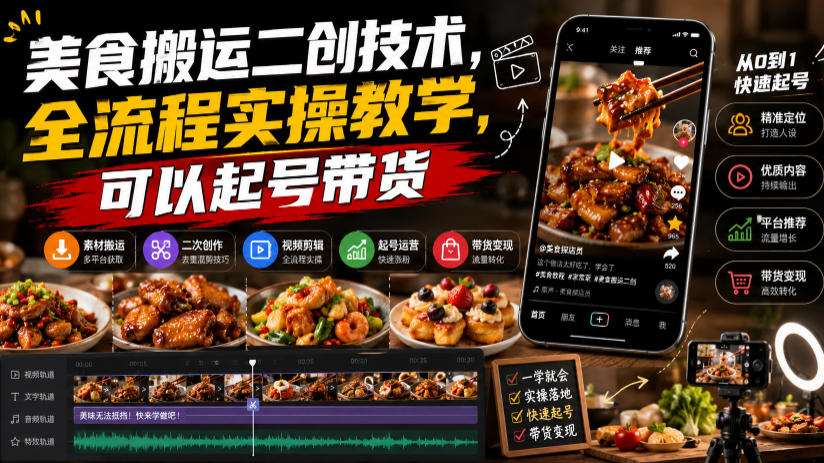 美食搬运二创技术，全流程实操教学，可以起号带货-御文网