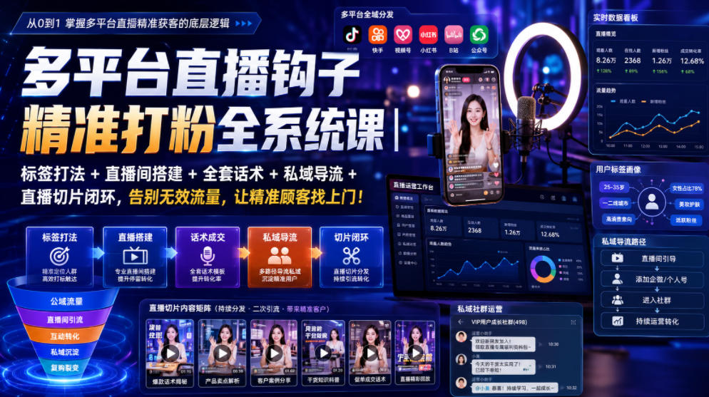 多平台直播钩子精准打粉全系统课｜标签打法+直播间搭建+全套话术+私域导流+直播切片闭环，告别无效流量，让精准顾客找上门！-御文网