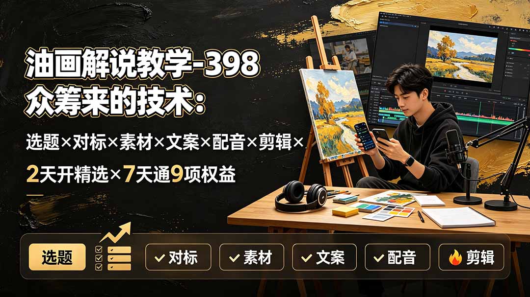 油画解说教学-398众筹来的技术：选题×对标×素材×文案×配音×剪辑×2天开精选×7天通9项权益-御文网