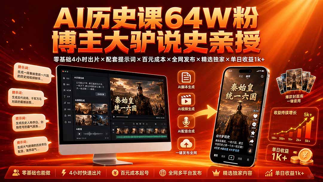 AI历史课64W粉博主大驴说史亲授：零基础4小时出片×配套提示词×百元成本×全网发布×精选独家×单日收益1k+-御文网
