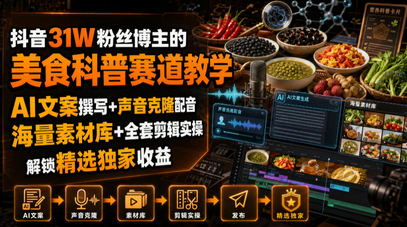 抖音31W粉丝博主的美食科普赛道教学，AI文案撰写+声音克隆配音+剪辑实操，解锁精选独家收益-御文网