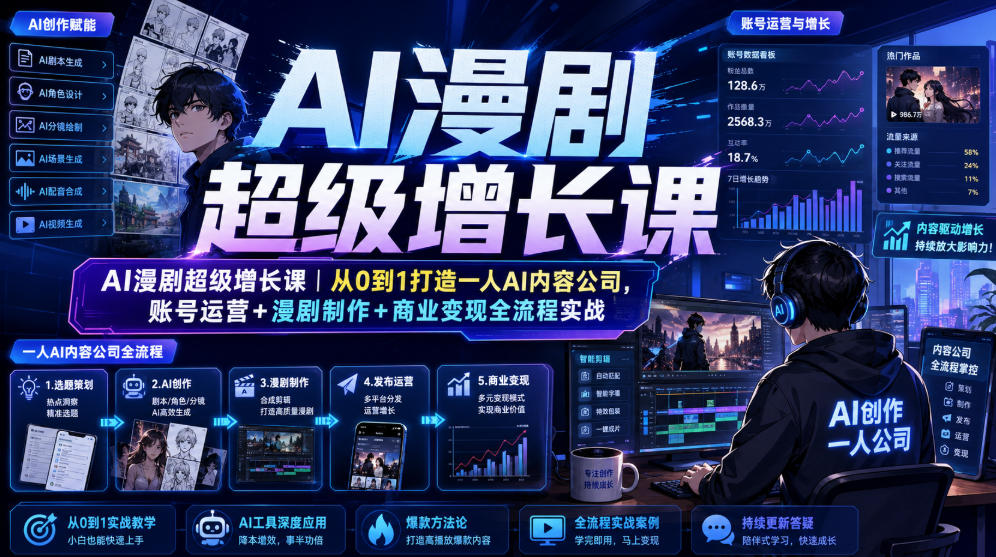 AI漫剧超级增长课|从0到1打造一人AI内容公司,账号运营+漫剧制作+商业变现全流程实战-御文网
