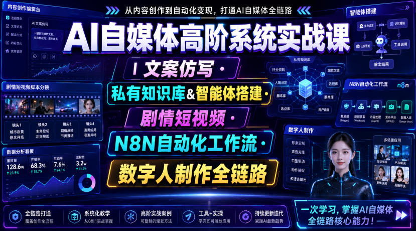 AI自媒体高阶系统实战课|文案仿写・私有知识库&智能体搭建・剧情短视频・N8N自动化工作流・数字人制作全链路-御文网