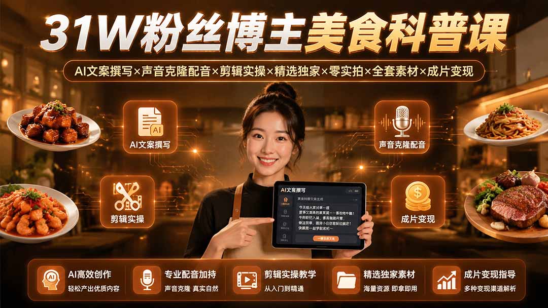 31W粉丝博主美食科普课：AI文案撰写×声音克隆配音×剪辑实操×精选独家×零实拍×全套素材×成片变现-御文网