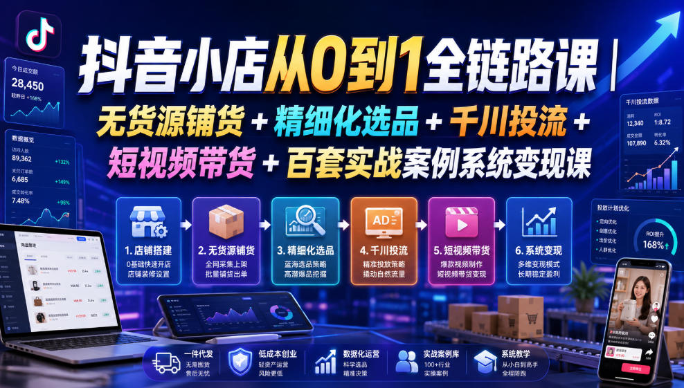 抖音小店从0到1全链路课｜无货源铺货+精细化选品+千川投流+短视频带货+百套实战案例系统变现课(2026年7月更新)-御文网