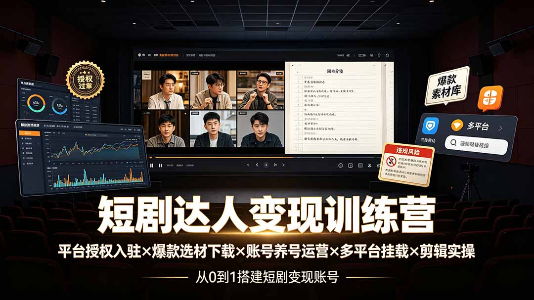 短剧达人变现训练营:平台授权入驻×爆款选材下载×账号养号运营×多平台挂载×剪辑实操×违规处理全流程-御文网