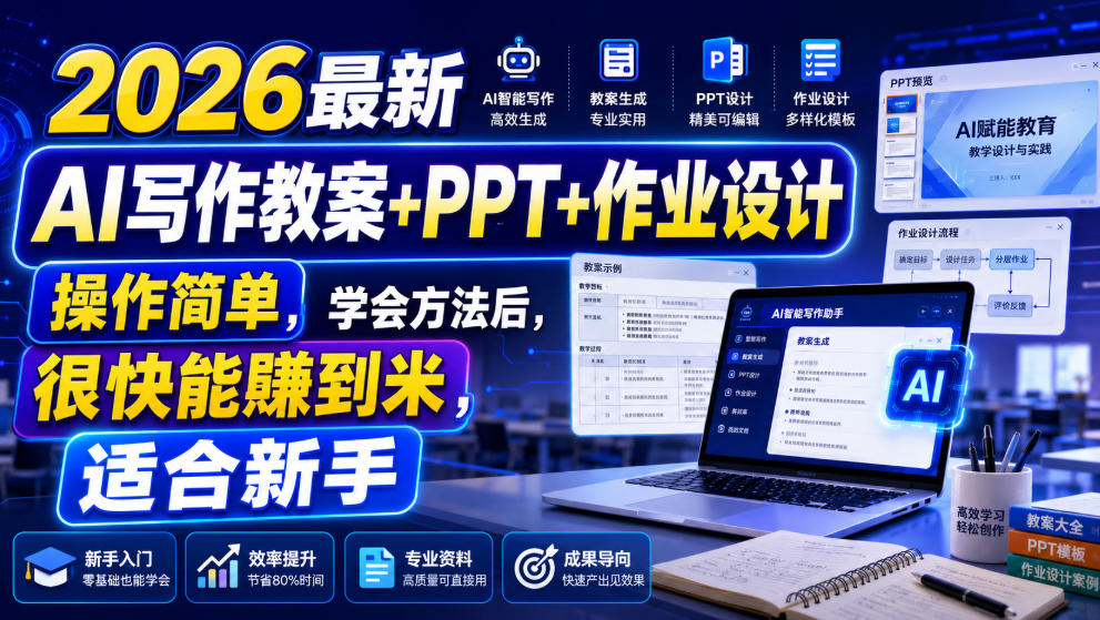 2026最新AI写作教案+PPT+作业设计，操作简单，学会方法后，很快能賺到米，适合新手-御文网