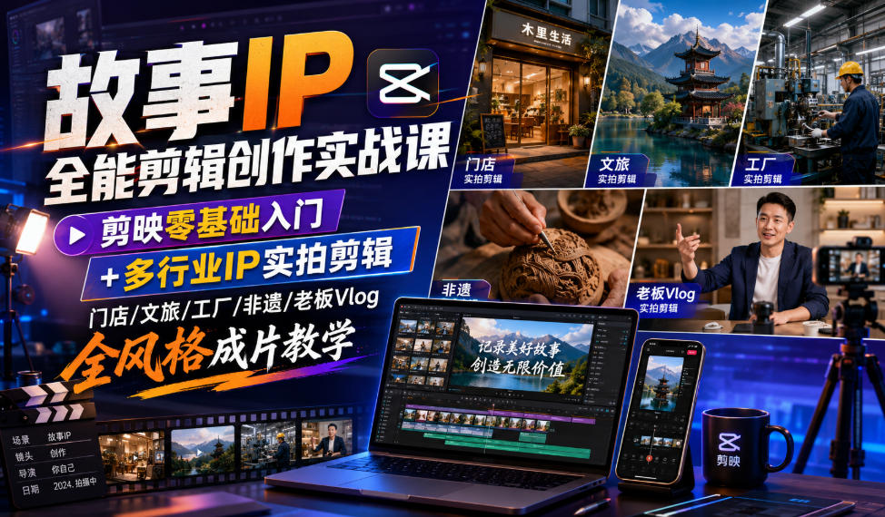 故事IP全能剪辑创作实战课｜剪映零基础入门+多行业IP实拍剪辑，门店/文旅/工厂/非遗/老板Vlog全风格成片教学-御文网