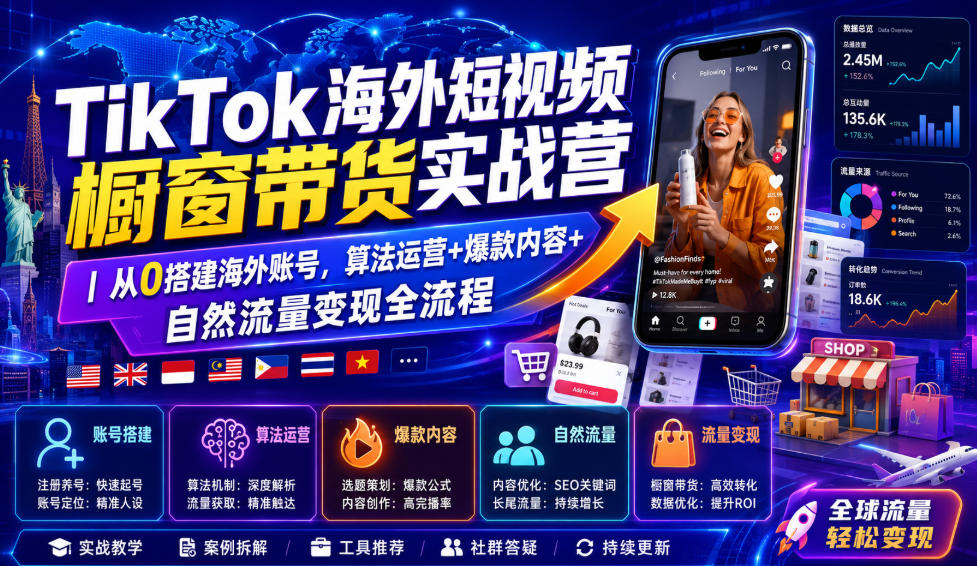 TikTok海外短视频橱窗带货实战营｜从0搭建海外账号，算法运营+爆款内容+自然流量变现全流程-御文网