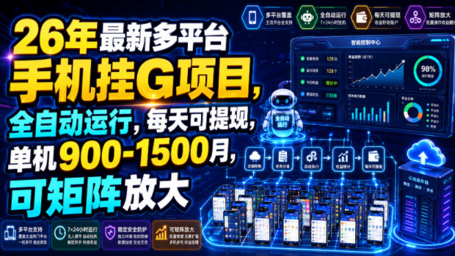 26年最新多平台手机挂G项目，全自动运行，每天可提现，单机900-1500月，可矩阵放大【揭秘】-御文网