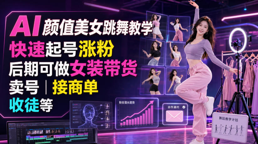 AI颜值美女跳舞教学,快速起号涨粉,后期可做女装带货,卖号,接商单,收徒等-御文网