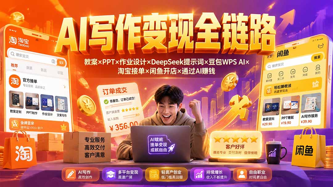 2026AI写作变现全链路：教案×PPT×作业设计×DeepSeek提示词×豆包WPS AI×淘宝接单×闲鱼开店×通过AI賺钱-御文网