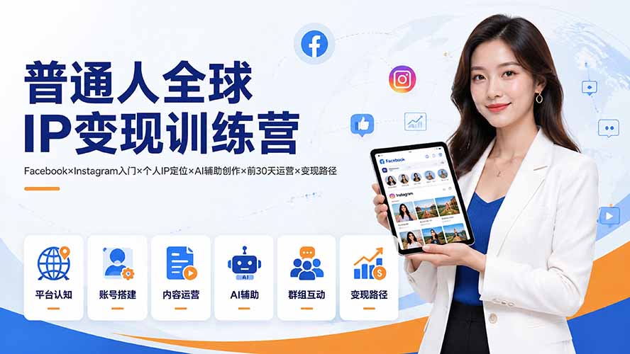 普通人全球IP变现训练营：Facebook×Instagram入门×个人IP定位×AI辅助创作×前30天运营×变现路径-御文网