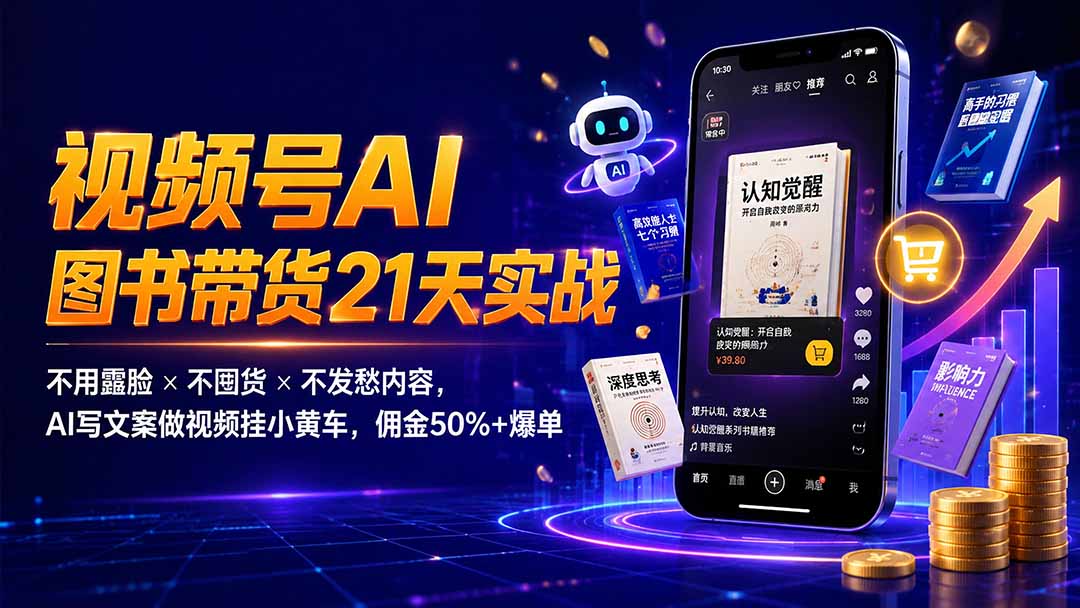 繁花视频号AI图书带货21天实战：不用露脸×不囤货×不发愁内容，AI写文案做视频挂小黄车，佣金50%+爆单-御文网