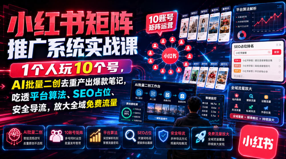 小红书矩阵推广系统实战课｜1个人玩10个号，AI批量二创去重产出爆款笔记，吃透平台算法、SEO占位、安全导流，放大全域免费流量-御文网