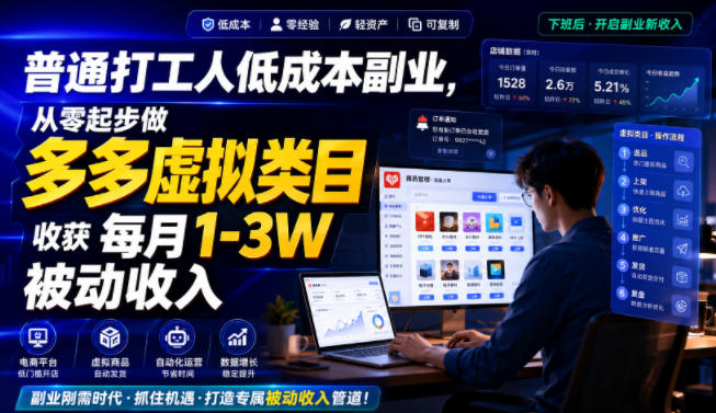 普通打工人低成本副业，从零起步做多多虚拟类目，收获每月1-3W被动收入【揭秘】-御文网