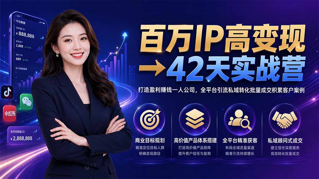 百万IP高变现→42天实战营｜打造盈利赚钱一人公司，全平台引流私域转化批量成交积累客户案例-御文网