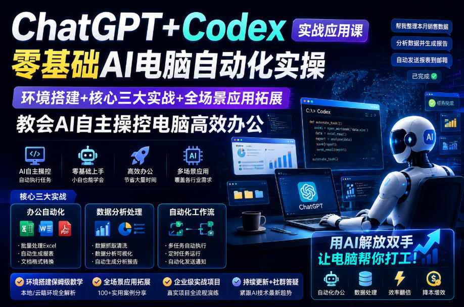ChatGPT+Codex实战应用课｜零基础AI电脑自动化实操，环境搭建+核心三大实战+全场景应用拓展，教会AI自主操控电脑高效办公-御文网