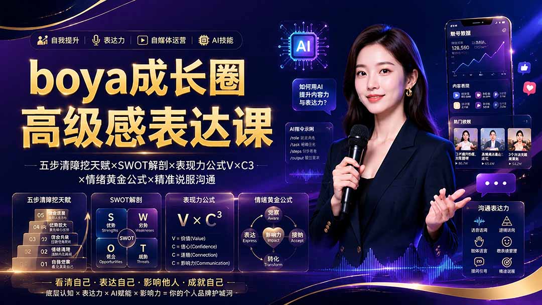 boya成长圈｜内心成长高级表达AI自媒体三合一，消解内耗挖掘天赋，镜头沟通AI指令短视频全流程教学-御文网