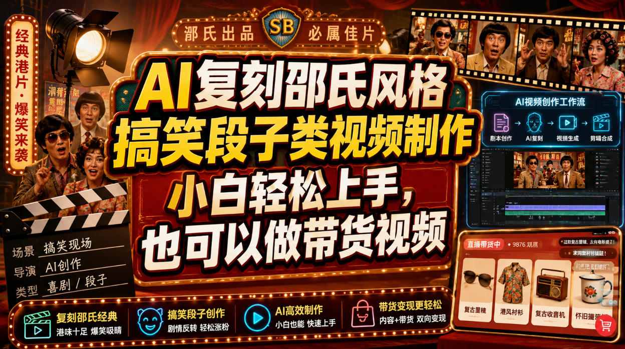 AI复刻邵氏风格搞笑段子类视频制作，小白轻松上手，也可以做带货视频-御文网