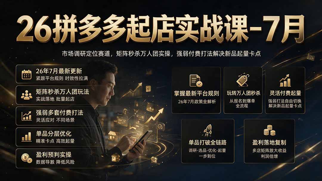26拼多多起店实战课-7月｜市场调研定位赛道，矩阵秒杀万人团实操，强弱付费打法解决新品起量卡点-御文网