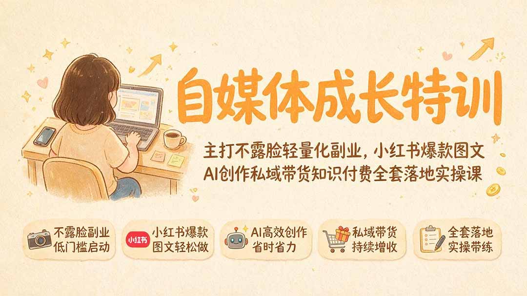 自媒体成长特训｜主打不露脸轻量化副业，小红书爆款图文AI创作私域带货知识付费全套落地实操课-御文网
