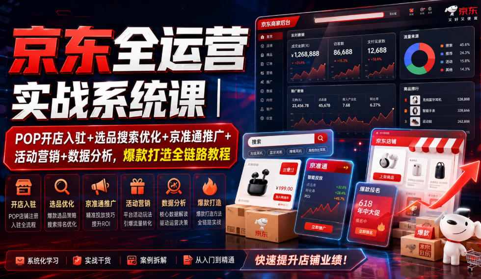 京东全运营实战系统课｜POP开店入驻+选品搜索优化+京准通推广+活动营销+数据分析，爆款打造全链路教程-御文网