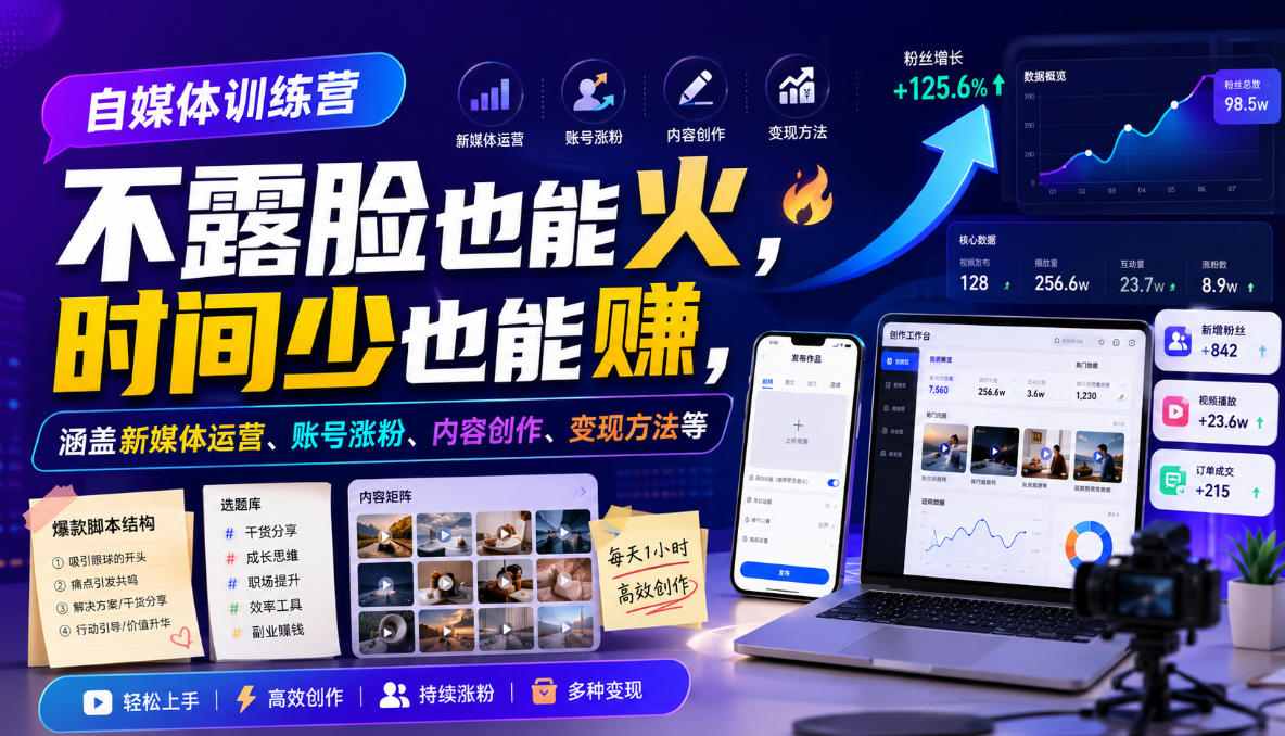 自媒体训练营，不露脸也能火，时间少也能賺，涵盖新媒体运营、账号涨粉、内容创作、变现方法等-御文网