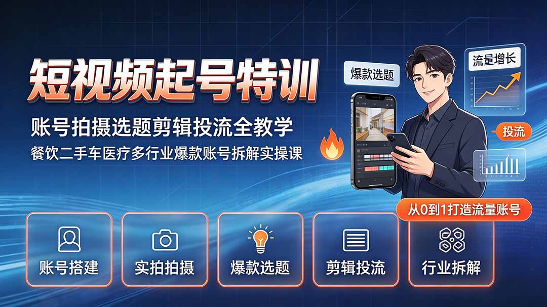 短视频起号特训｜账号拍摄选题剪辑投流全教学，餐饮二手车医疗多行业爆款账号拆解实操课-御文网