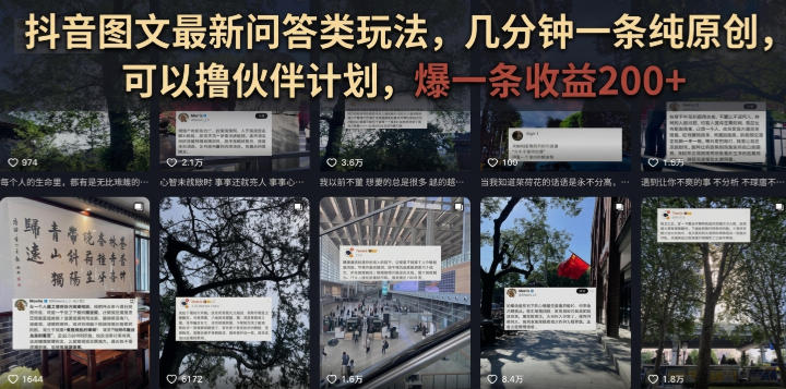 抖音图文最新问答类玩法，几分钟一条纯原创，可以撸伙伴计划，爆一条收益200+-御文网