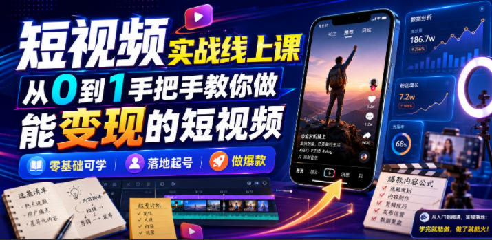 短视频实战线上课，从0到1手把手教你做能变现的短视频，零基础可学，落地起号做爆款-御文网