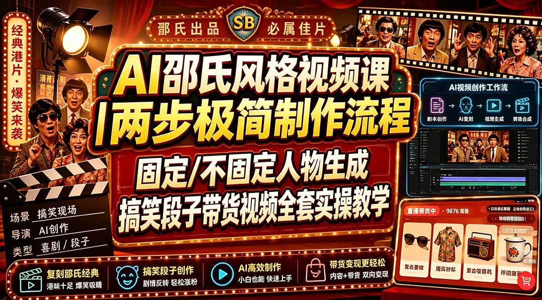 AI邵氏风格视频课｜两步极简制作流程，固定/不固定人物生成，搞笑段子带货视频全套实操教学-御文网