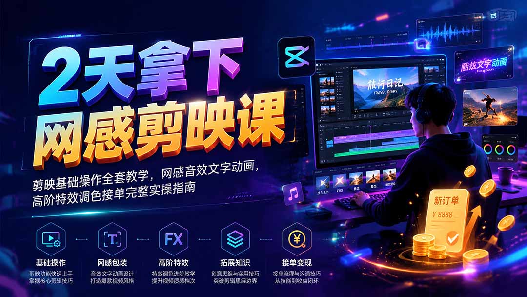 2天拿下网感剪辑课｜剪映基础操作全套教学，网感音效文字动画，高阶特效调色接单完整实操指南-御文网