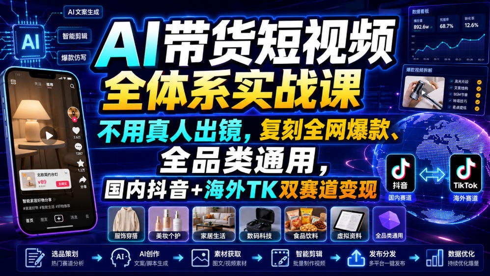 AI带货短视频全体系实战课，不用真人出镜，复刻全网爆款、全品类通用，国内抖音+海外TK双赛道变现-御文网