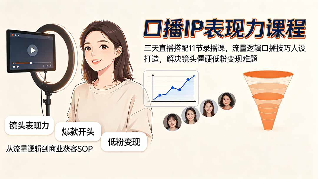 口播IP表现力课程｜三天直播搭配11节录播课，流量逻辑口播技巧人设打造，解决镜头僵硬低粉变现难题-御文网