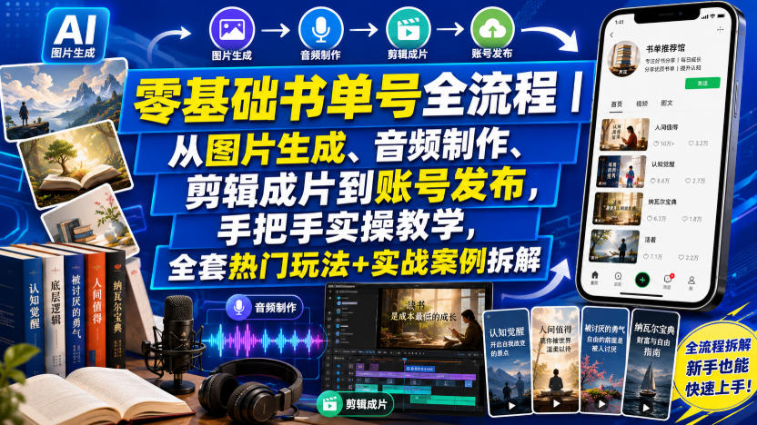 零基础书单号全流程｜从图片生成、音频制作、剪辑成片到账号发布，手把手实操教学，全套热门玩法+实战案例拆解-御文网