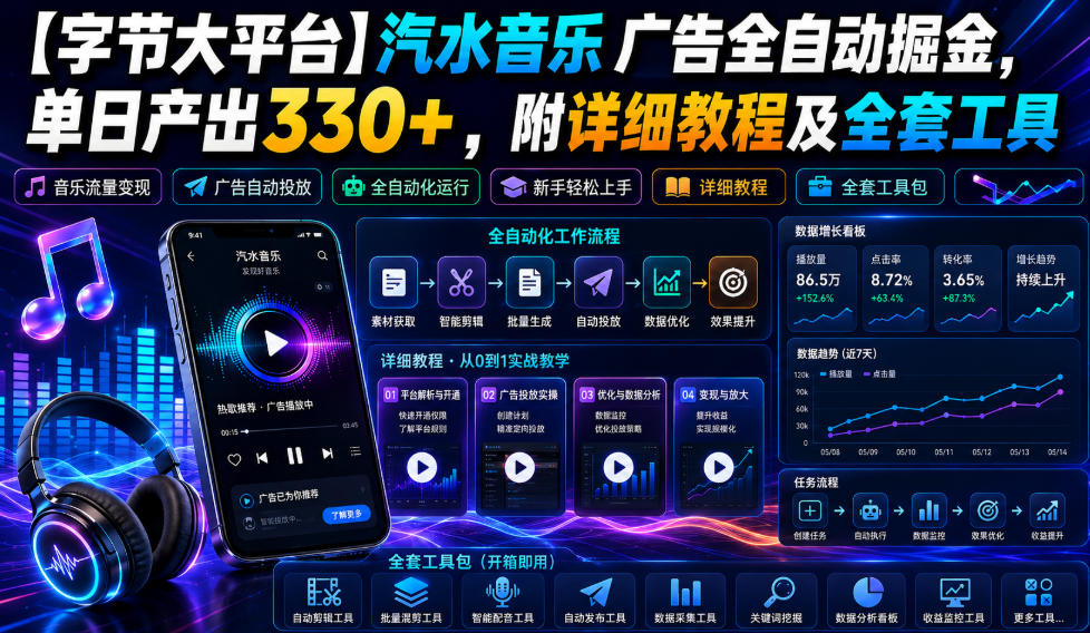 【字节大平台】汽水音乐广告全自动掘金，单日产出330+，附详细教程及全套工具【揭秘】-御文网