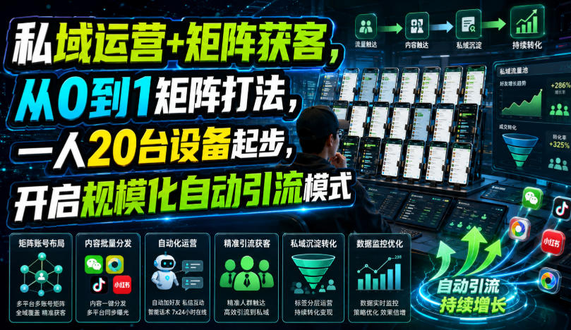 私域运营+矩阵获客，从0到1矩阵打法，一人20台设备起步，开启规模化自动引流模式！-御文网