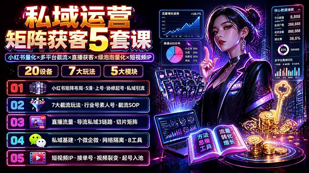 私域运营矩阵获客5套课：小红书量化×多平台截流×直播获客×绿泡泡量化×短视频IP×20设备×7大玩法-御文网
