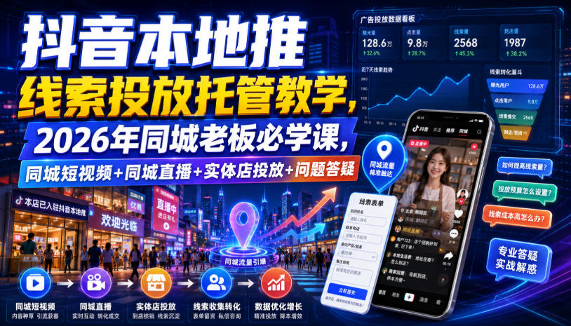 抖音本地推线索投放托管教学，2026年同城老板必学课，同城短视频+同城直播+实体店投放+问题答疑-御文网