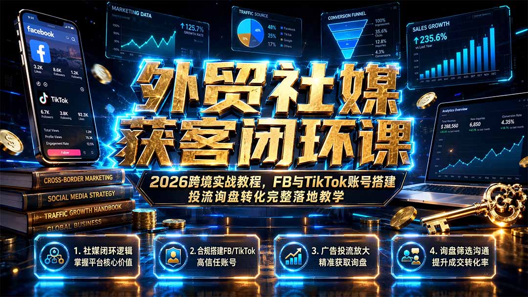 外贸社媒获客闭环课|2026跨境实战教程,FB与TikTok账号搭建投流询盘转化完整落地教学-御文网